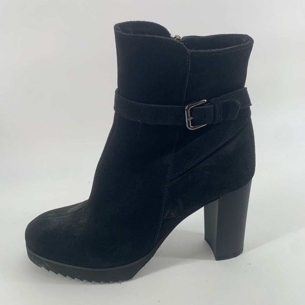 La Canadienne Black Suede Buckle Ankle Boots Block High Heel 8.5 M